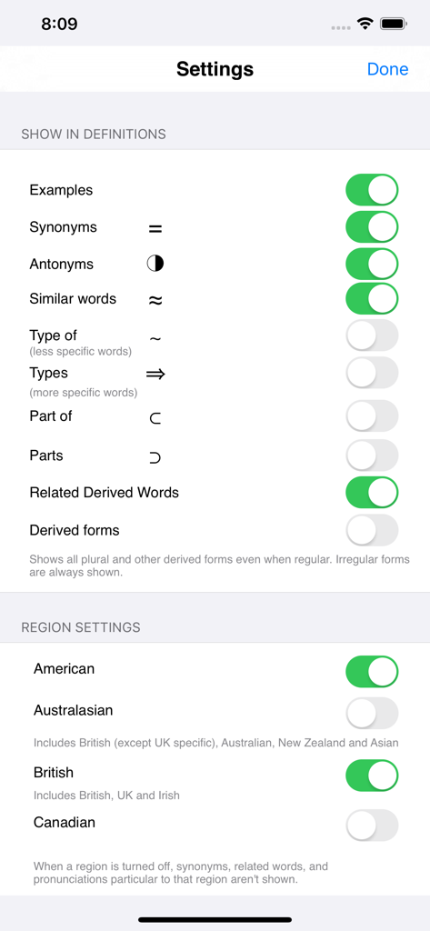Settings screen of the WordWeb Dictionary app showing customization options for definition details and regional English preferences.