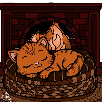 kitten sleeping in a cat bed by a fireplace
