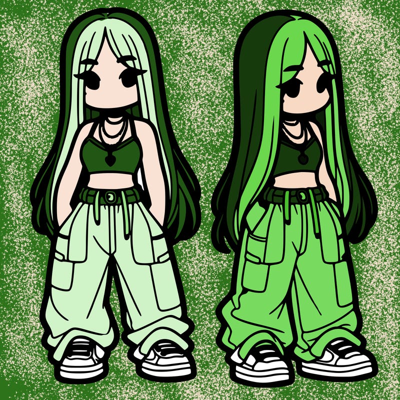 girl in baggy pants crop top and long hair