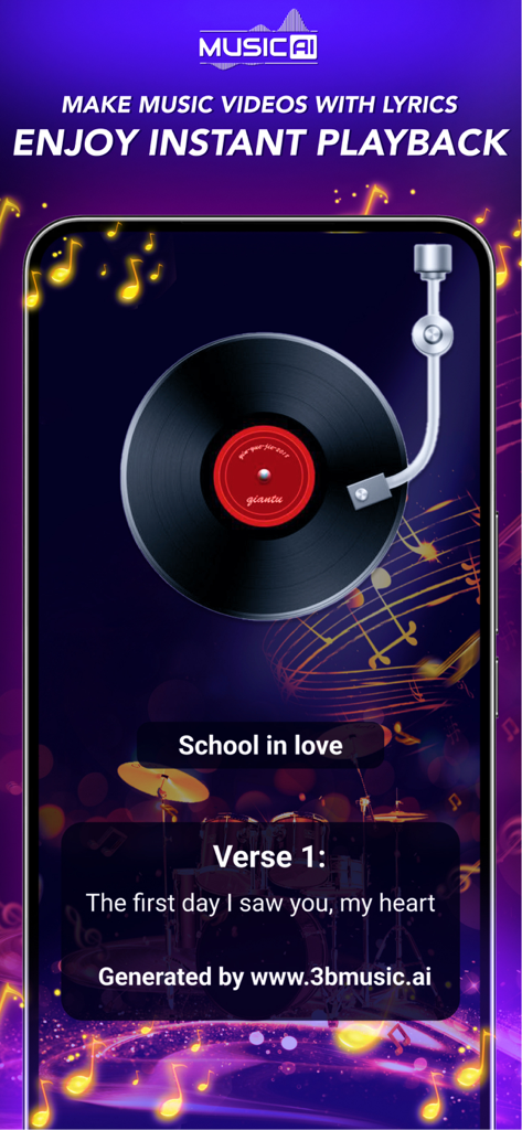 3B Music AI Song Generator - A mobile app interface displaying AI generated song lyrics and a spinning vinyl record player for music playback.
