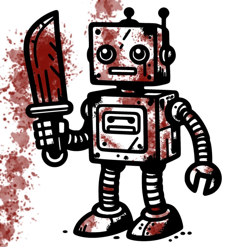 rusty robot with a blade for his left arm