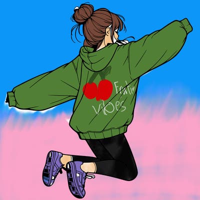 realistic girl jumping with a bun and oversized sweatshirt
