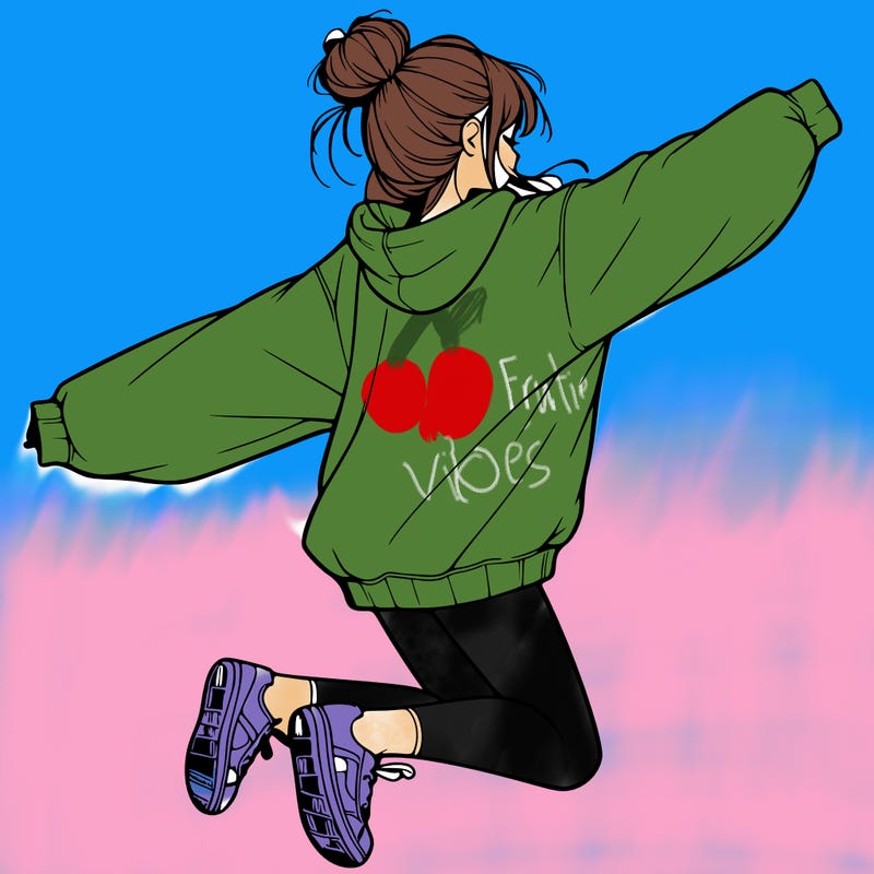 realistic girl jumping with a bun and oversized sweatshirt