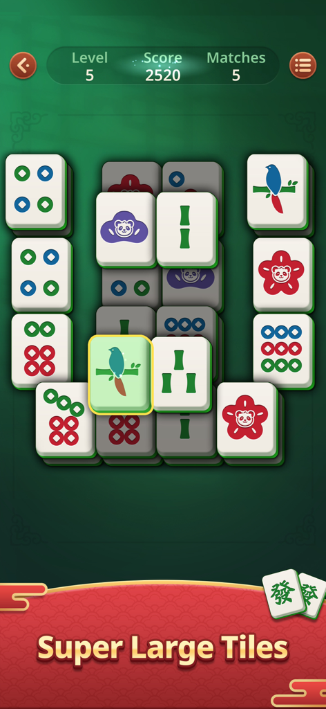 Mahjong Epic game screen featuring super large tiles for high visibility on a green background