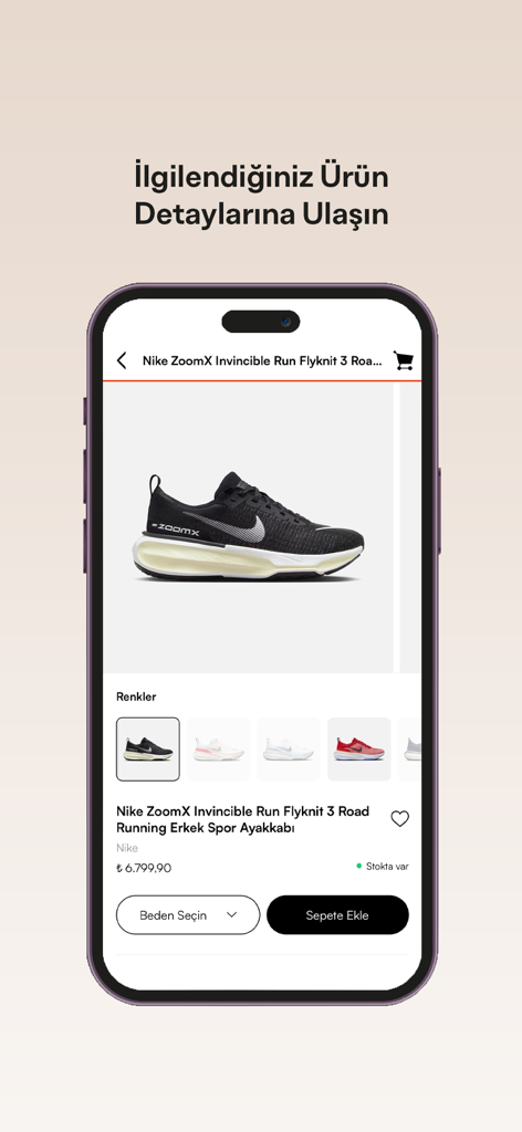 Barçın - A mobile screen showing the product detail page for a Nike running shoe in the Barcin shopping app.