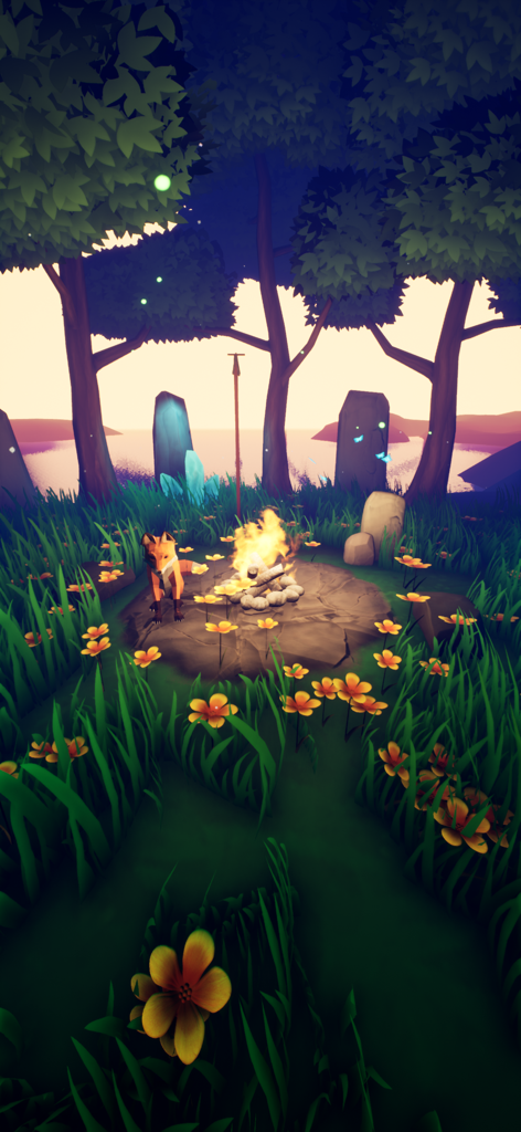 A peaceful meditation scene with a fox sitting by a campfire in a lush forest
