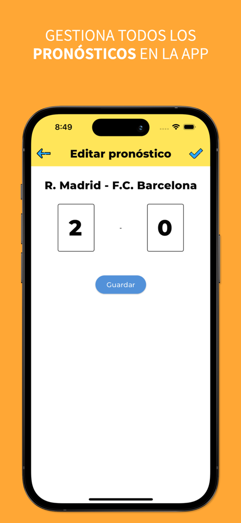 Porra - Teléfono inteligente mostrando una predicción de resultados para un partido de fútbol en la aplicación Porra