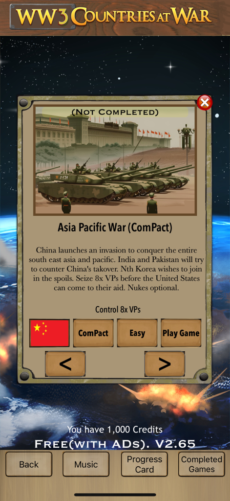 WW3 Countries at War - Scenario selection screen for the Asia Pacific War in the WW3 Countries at War strategy game