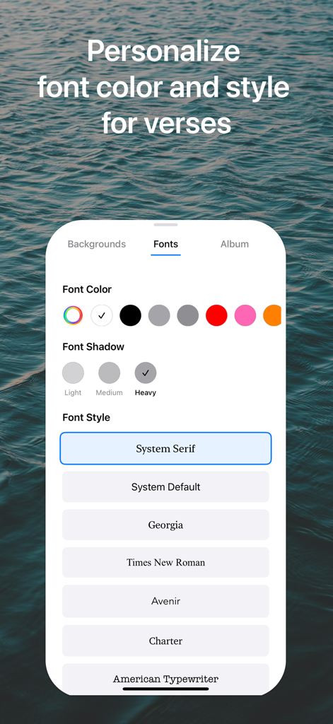 Bible Verse Lock Screen - Interface for customizing Bible verse font color and style over an ocean background