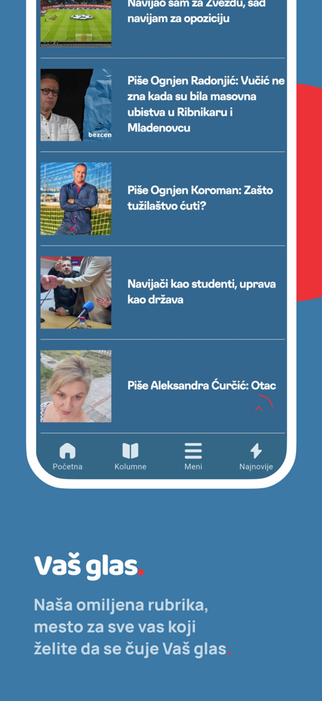 Bez Cenzure - さまざまなセルビアのニュース記事を含むコラムと意見セクションを表示する検閲なしモバイルアプリのインターフェイス。