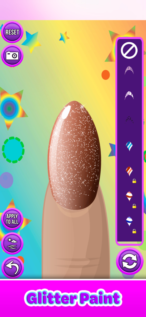 Nail Salon - Paint & Decorate - A close-up of a fingernail decorated with sparkling brown glitter paint in the Nail Salon app
