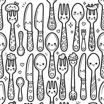 Get ready to smile with our charming Kawaii Cutlery coloring template! This page features an array of spoons, forks, and knives, each brought to life with irresistible cute faces and playful designs, perfect for adding your vibrant colors.