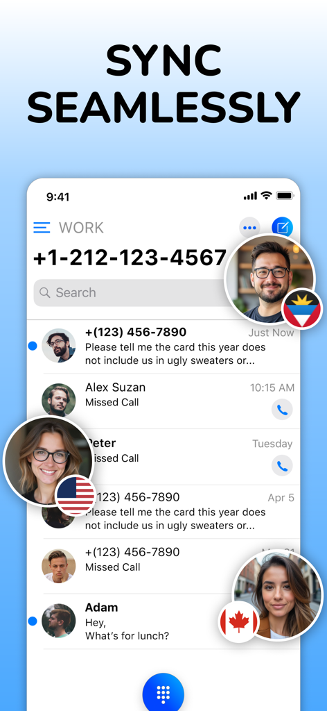 Second Number Line App Numbers - Interfaz de la aplicación Second Number Line que muestra un número de teléfono de trabajo y conversaciones sincronizadas.
