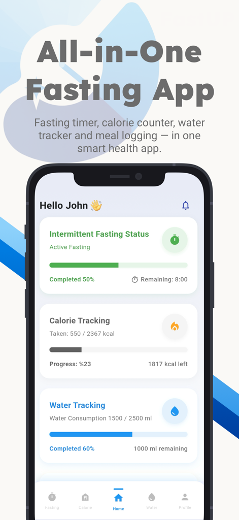 FastUp: Ai Calorie Tracker - FastUp app home screen showing fasting calorie and water tracking status
