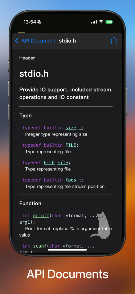 Interface de documentação da API para stdio.h mostrando funções e tipos de programação em C.