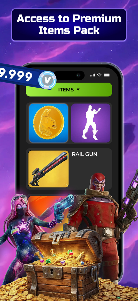 FTN Zone Fortnite Royale Stats - Un écran de smartphone montrant l'interface de l'application FTN Zone avec un titre de pack d'objets premium et des personnages Fortnite