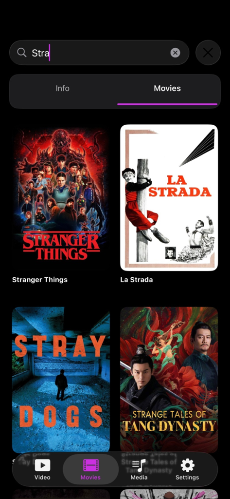 MovieBox : Movies , TV Show - Search results screen in the MovieBox app showing movies and TV shows like Stranger Things and La Strada
