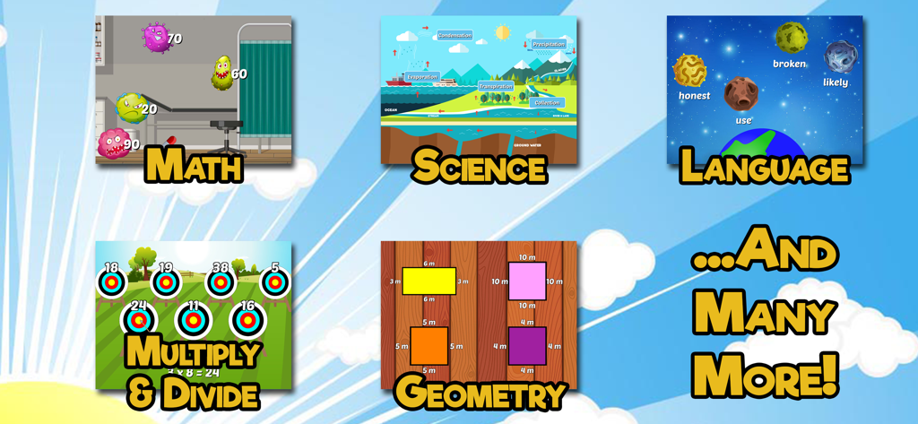 Third Grade Learning Games - Un menu che mostra materie educative come matematica, scienze, lingua e geometria per studenti di terza elementare