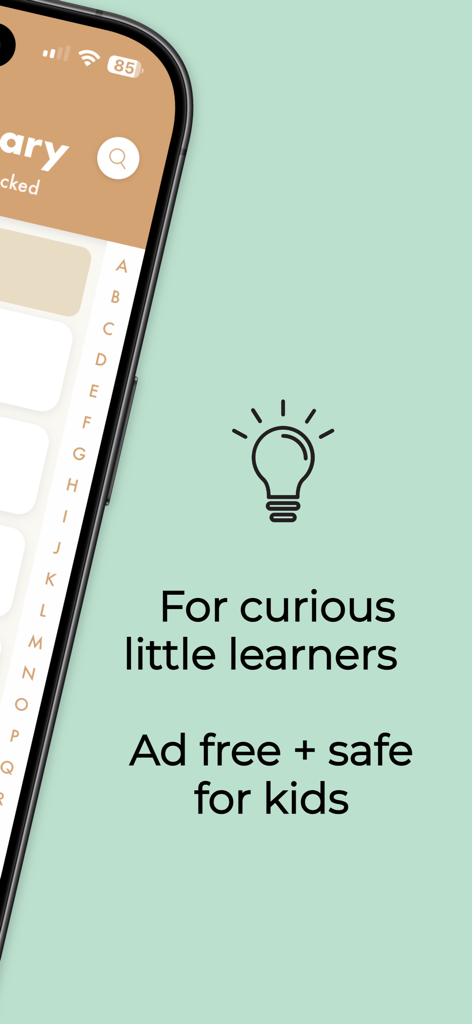 Kids Dictionary School Edition - A promotional screen for Kids Dictionary School Edition featuring a light bulb icon and text stating it is ad-free and safe for curious little learners.
