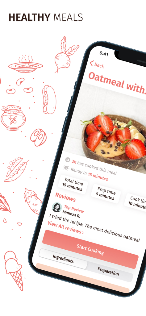 Martina's Cooking - Martina's Cooking app screen showing a healthy oatmeal recipe with preparation details and user reviews