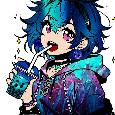 hot baddie anime girl drinking boba and biting the straw
