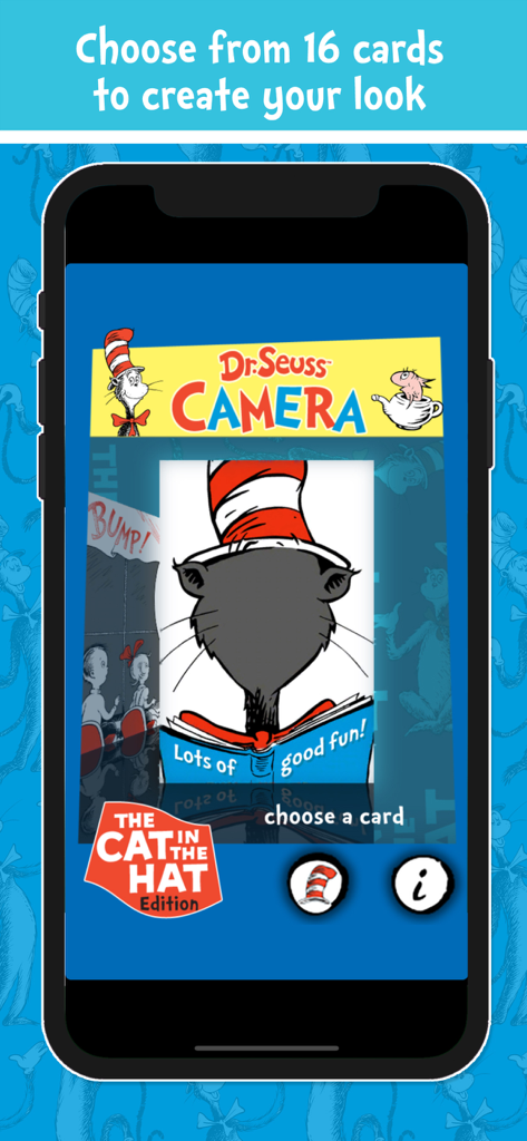Dr. Seuss Camera app showing a Cat in the Hat photo card selection screen