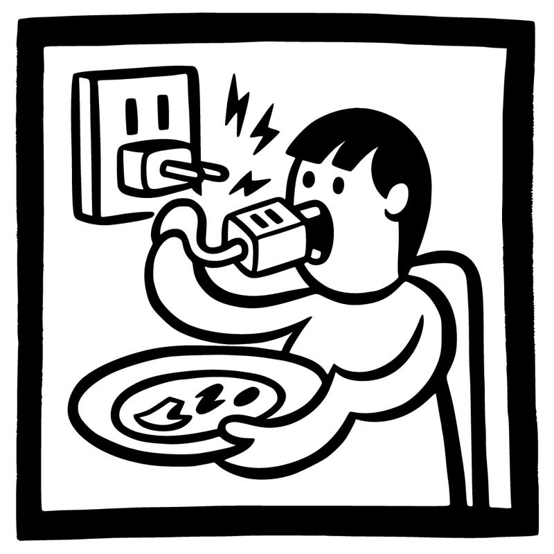 a painting of a person eating a charger