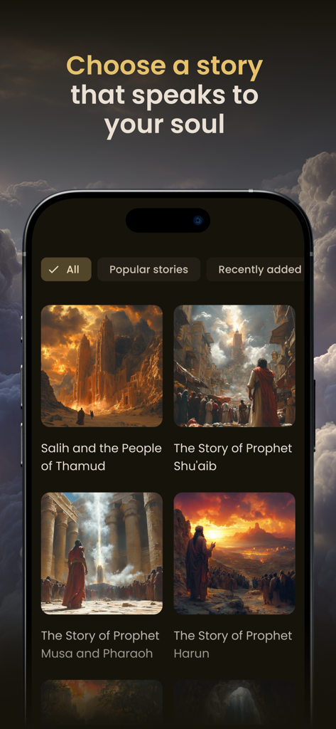 Ayatique: Quran Stories - Interfaccia dell'app Ayatique che mostra una libreria di storie del Corano narrate con illustrazioni artistiche in modalità scura.
