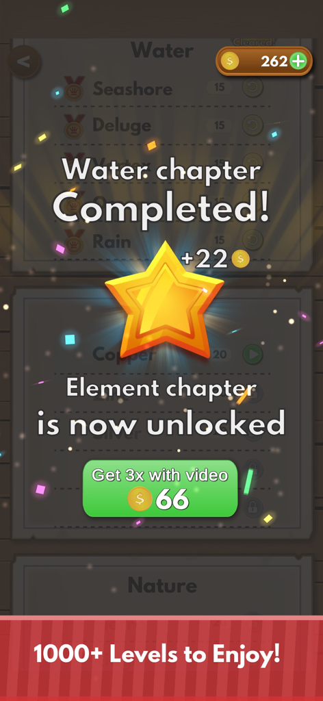 A level completion screen in the Word Winner app showing a gold star reward and a new chapter unlock.
