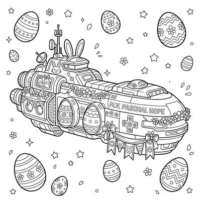 Embark on an extraordinary Easter journey with this captivating coloring page featuring a medical frigate transformed for the holiday. Adorned with festive bunnies, vibrant eggs, and delicate spring blossoms, this unique design promises a delightful coloring experience for space and Easter enthusiasts alike.