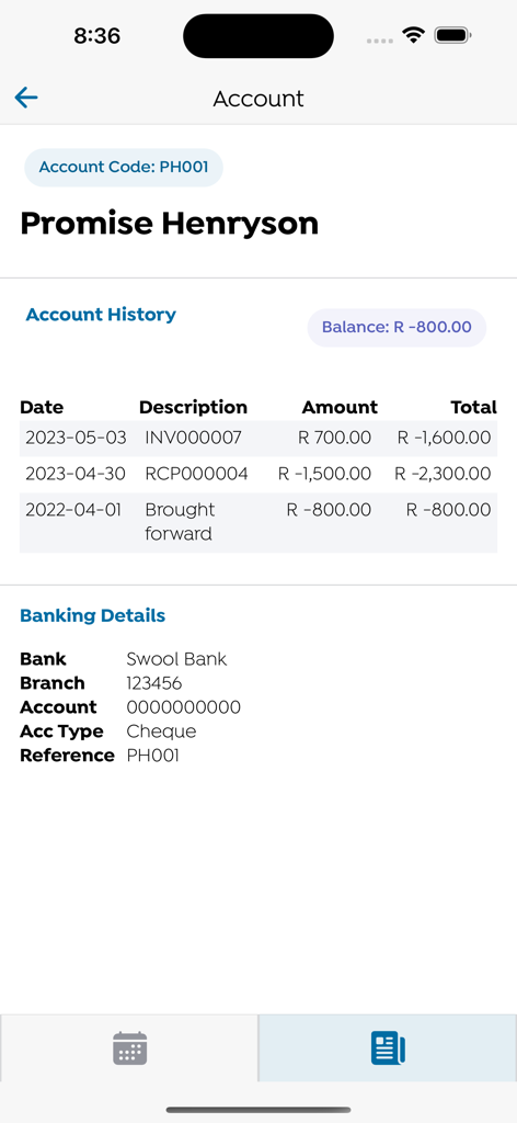 swool.io - Screenshot of the swool.io app account screen showing account history table and banking details for payments.