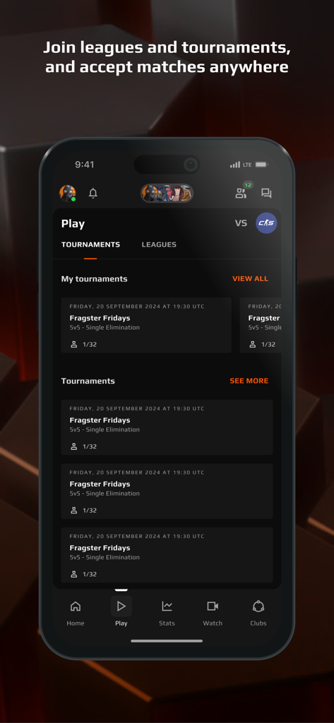 FACEIT - CS2 Command Centre - A mobile interface for the FACEIT app showing a list of CS2 tournaments and leagues available for players to join.