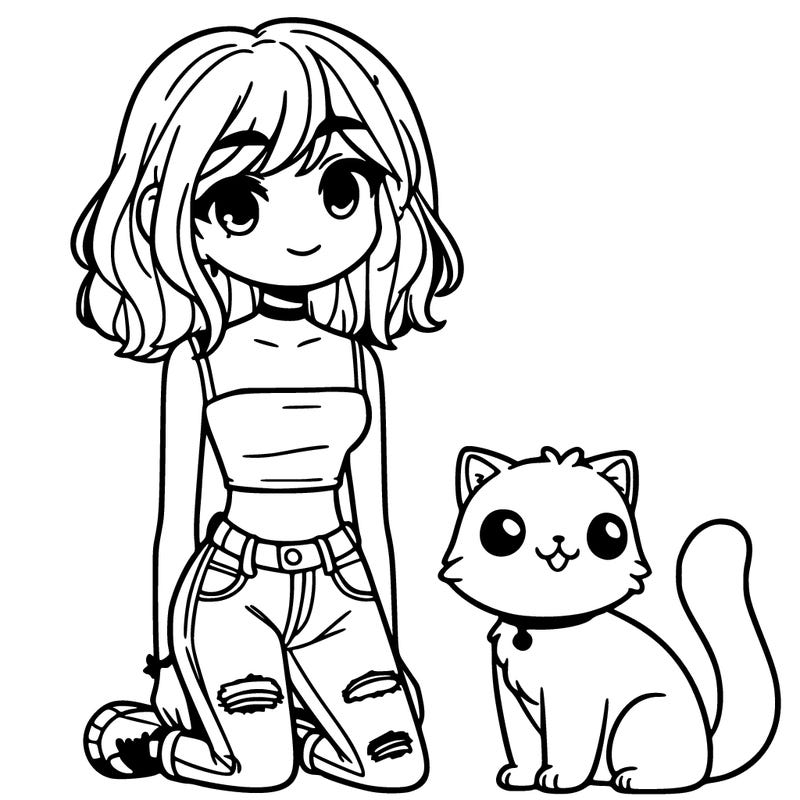 standing teenage girl with crop top and a cat sitting next to her