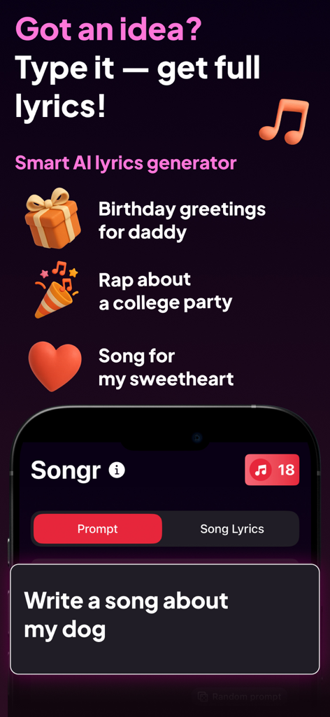 Songr app interface for generating AI song lyrics from a text prompt