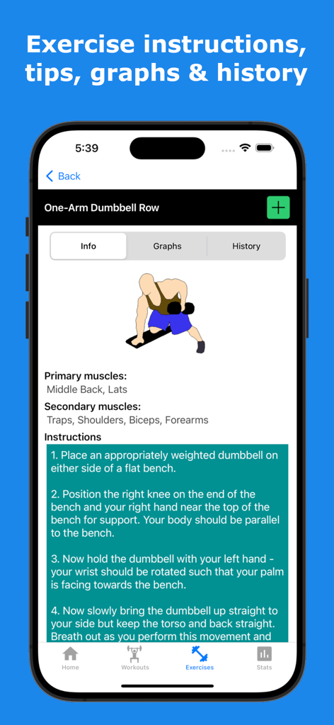 Gains - Gym Workout Plan & Log - Interfaz de la aplicación Gains que muestra instrucciones y grupos musculares para ejercicios de gimnasio