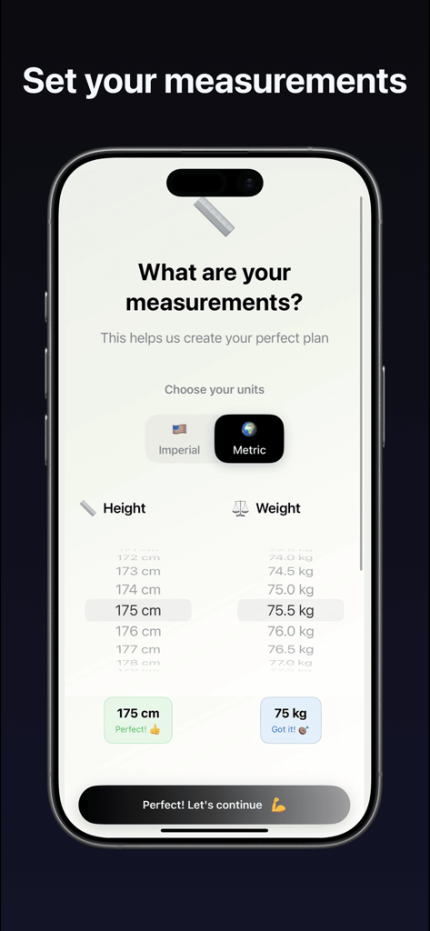 Portio AI - Portio AI app setup screen for entering user height and weight measurements