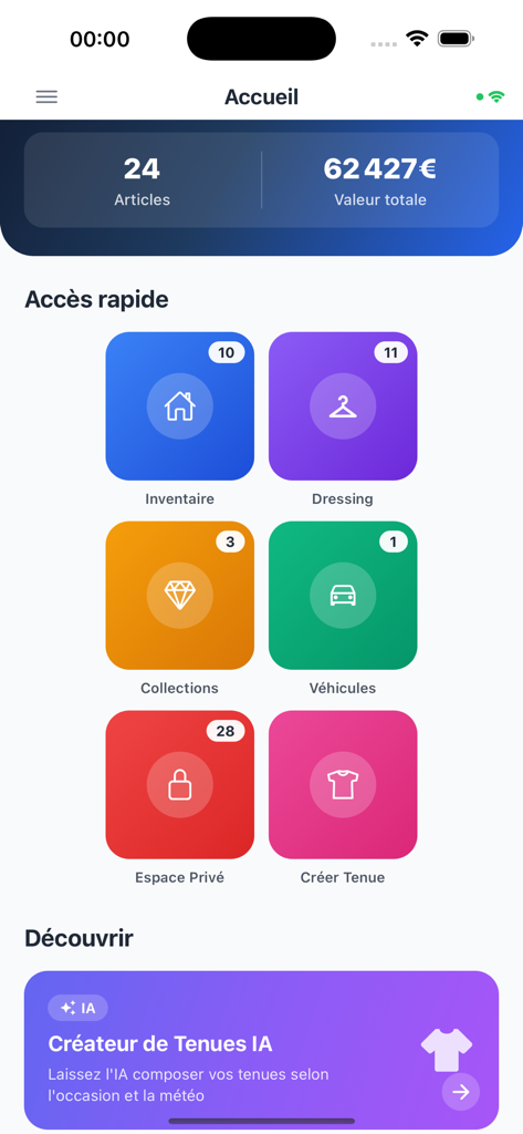 My Inventory AI - My Inventory AI home screen dashboard showing total asset value and inventory categories for home wardrobe and collections
