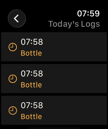 FeedLog — Baby Feed Tracker - Apple Watch screen showing daily baby feeding history with timestamps