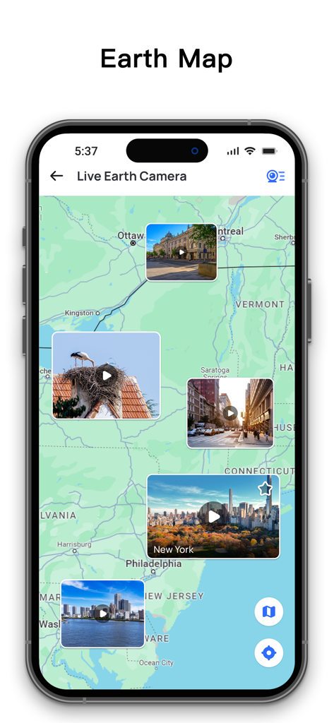 Live Earth Camera app interface showing live video pins of cities and nature on a map