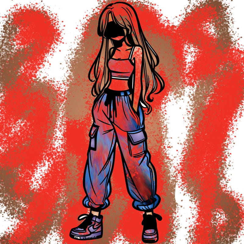 girl in baggy pants crop top and long hair