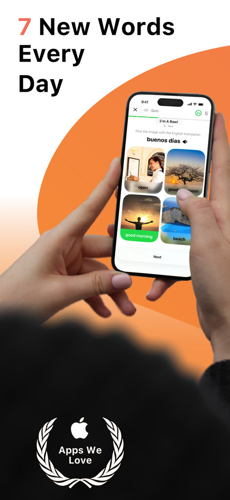 A smartphone showing a Spanish language learning quiz with image-based vocabulary selection for the phrase buenos dias.