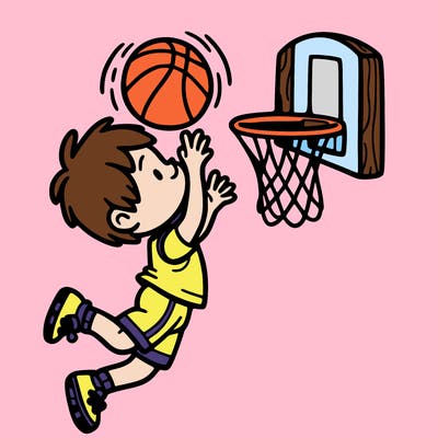 basketball. a child shooting a basketball into a hoop.  capturing the joy and energy of play, with clean, bold outlines suitable for coloring.