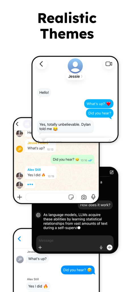 Showcase of multiple realistic chat interface themes in the TextingStory app including light and dark modes.
