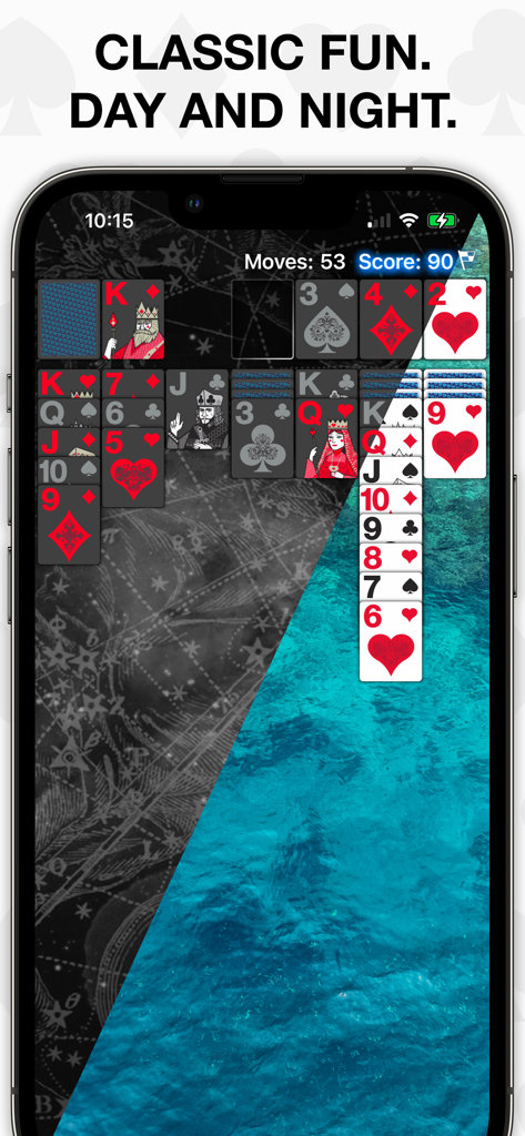 Real Solitaire Pro - Real Solitaire Pro app showing a split screen of dark and light gameplay themes with classic cards