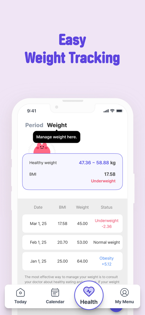 Bom Calendar weight and BMI tracking screen showing health history and status