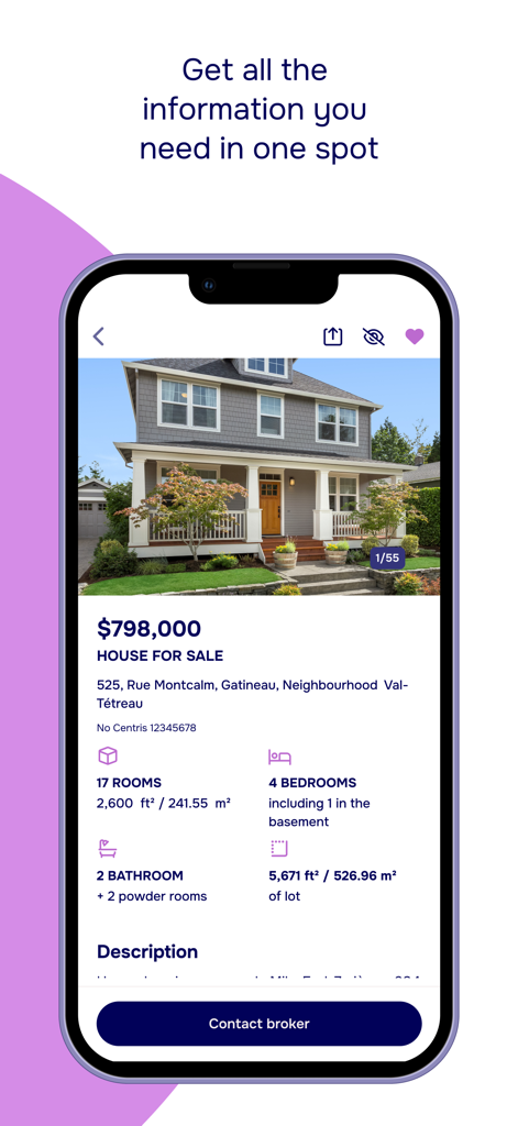 Detailed view of a house for sale on the Centris.ca real estate app including price and property specs.