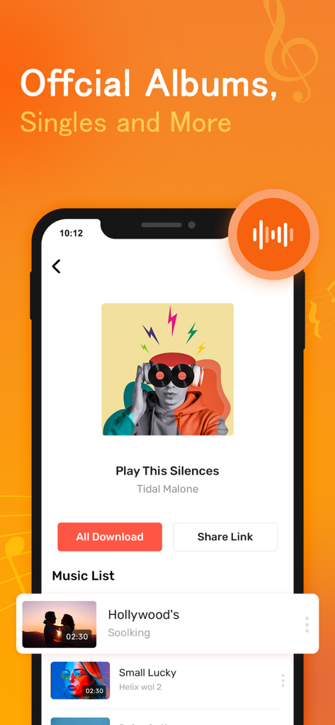 Music Mate - Top Music - Music Mate app screen displaying album tracks and a download button on an iPhone