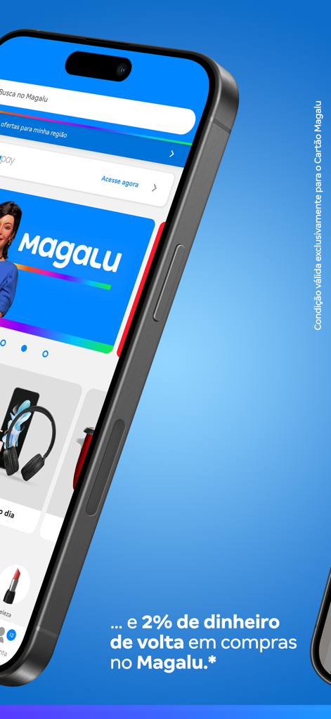 Cartão Luiza: descontos Magalu - Smartphone screen showing the Magalu credit card app interface with a 2 percent cashback offer text