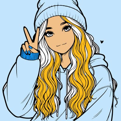 a teenage girl in a beanie, oversized sweatshirt, wavy long hair, and is showing a ✌️