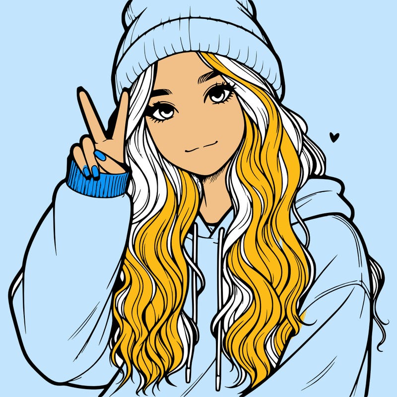 a teenage girl in a beanie, oversized sweatshirt, wavy long hair, and is showing a ✌️